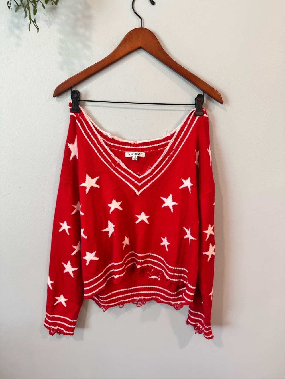 Wild Honey Red Star V-Neck Knit Top Size Medium